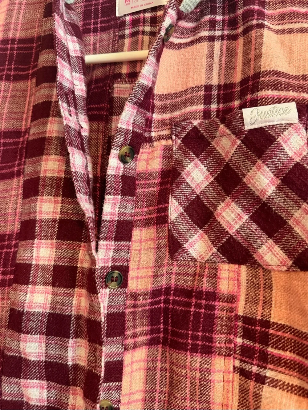 Justice Girls Pink & Burgundy Plaid Hooded Flannel Button-Down
